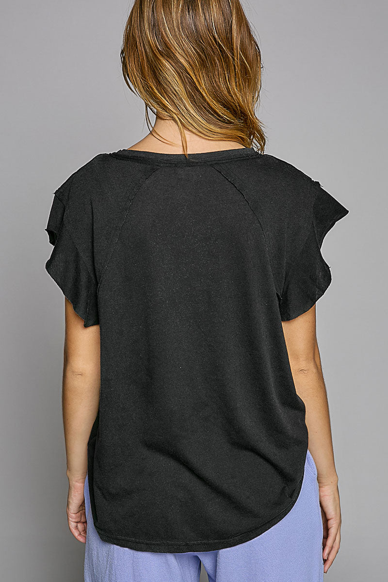 Short Ruffle Sleeve V-neck in Vintage Black