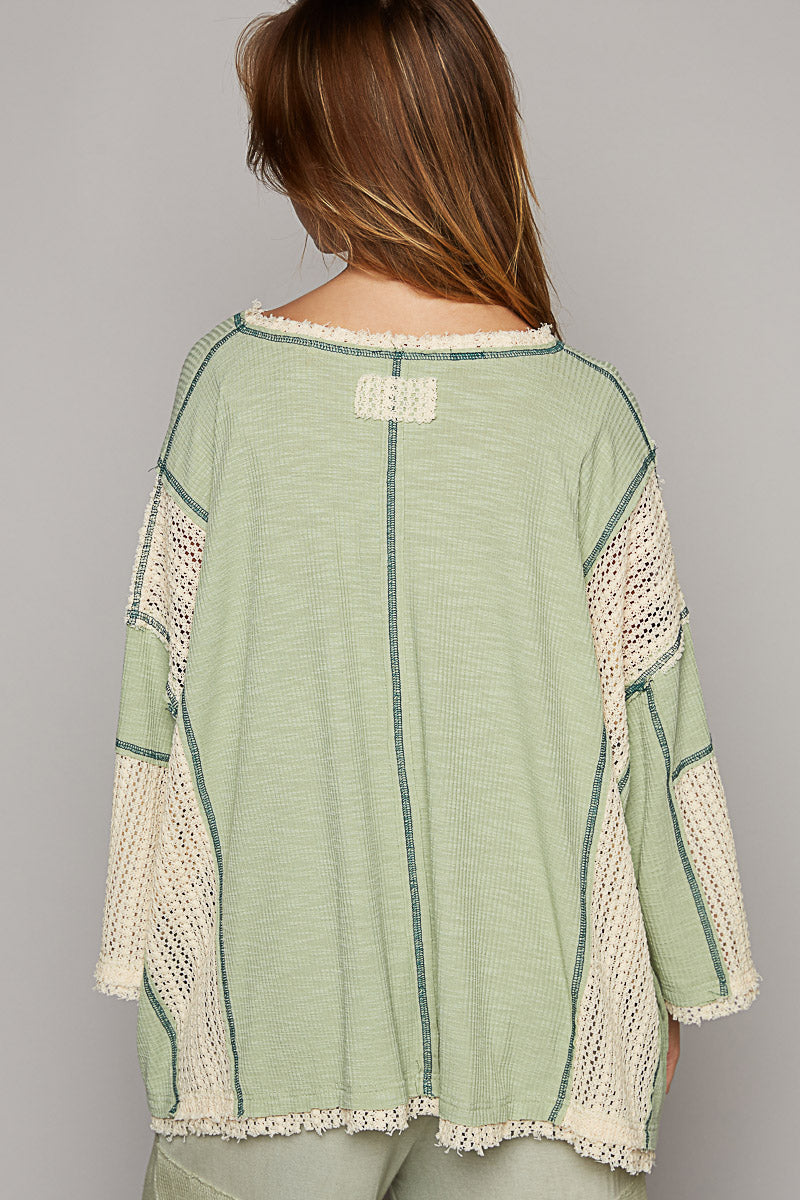 V-Neck 3/4 Sleeve Oversized Fit Knit Top in Sage