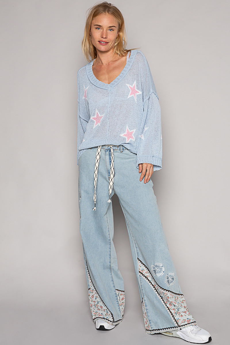 V-Neck Long Sleeve Light Weight Sweater - Sky Blue with Pink Stars