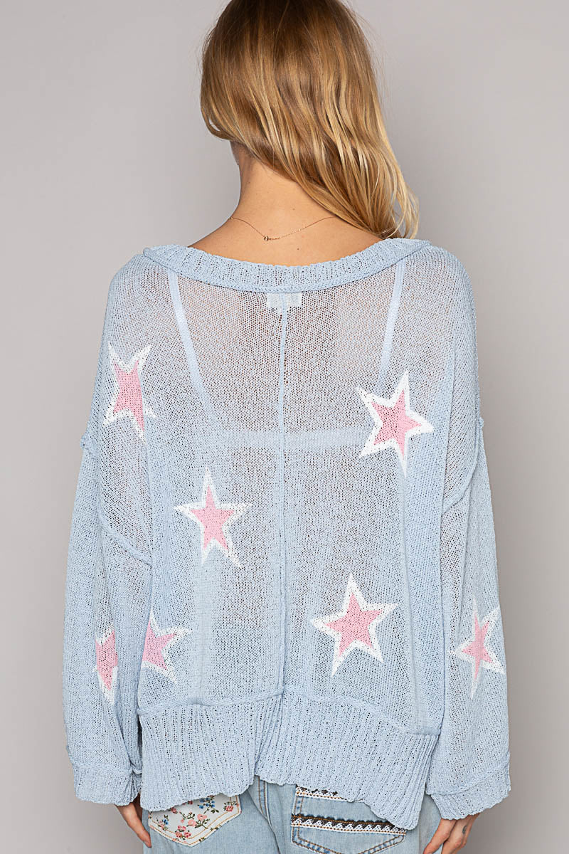 V-Neck Long Sleeve Light Weight Sweater - Sky Blue with Pink Stars