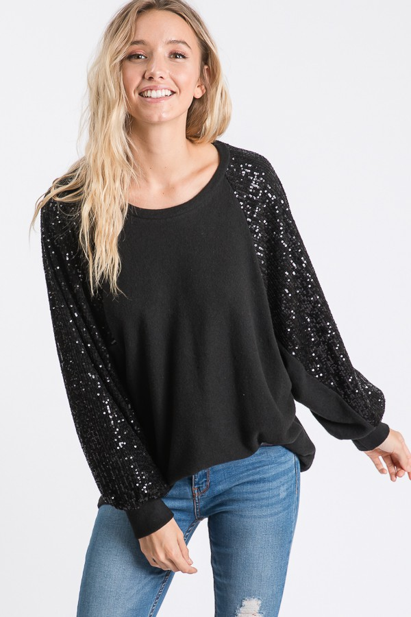 Time To Shine Sequin Bishop Sleeve Top