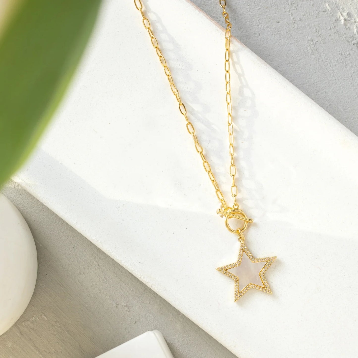 Mother of Pearl Pave Star Toggle Pendant Necklace