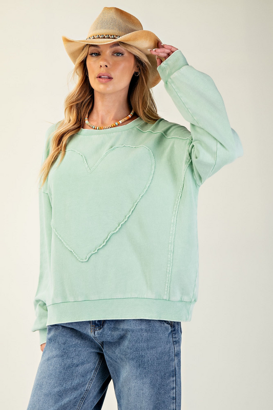 Pull Me To The Side Heart Patch Terry Knit Pullover