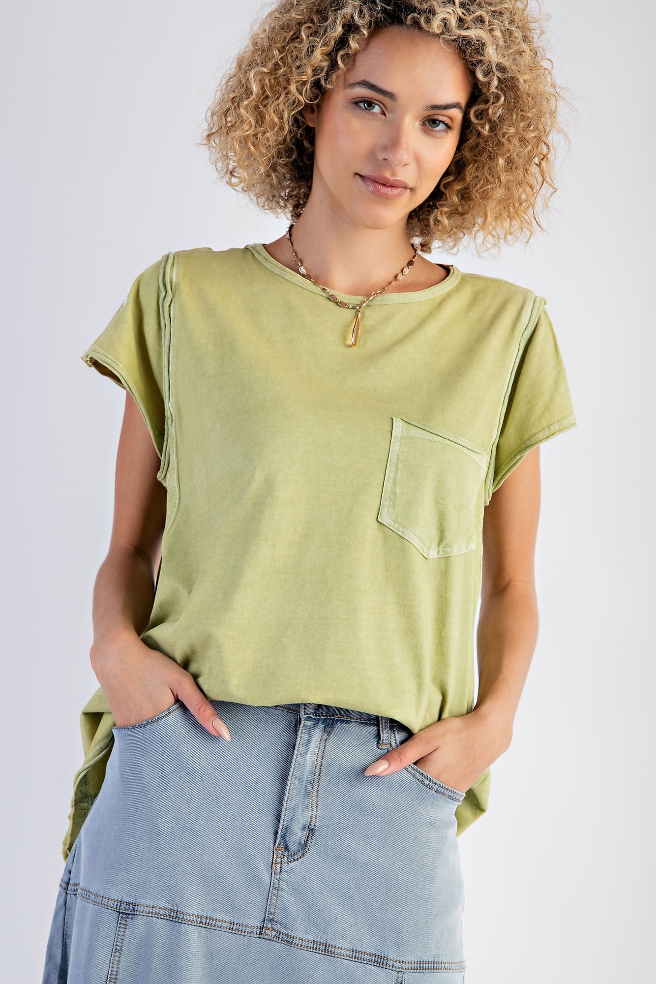 Mineral Washed Cotton Jersey Cap Sleeve Top in Green Tea