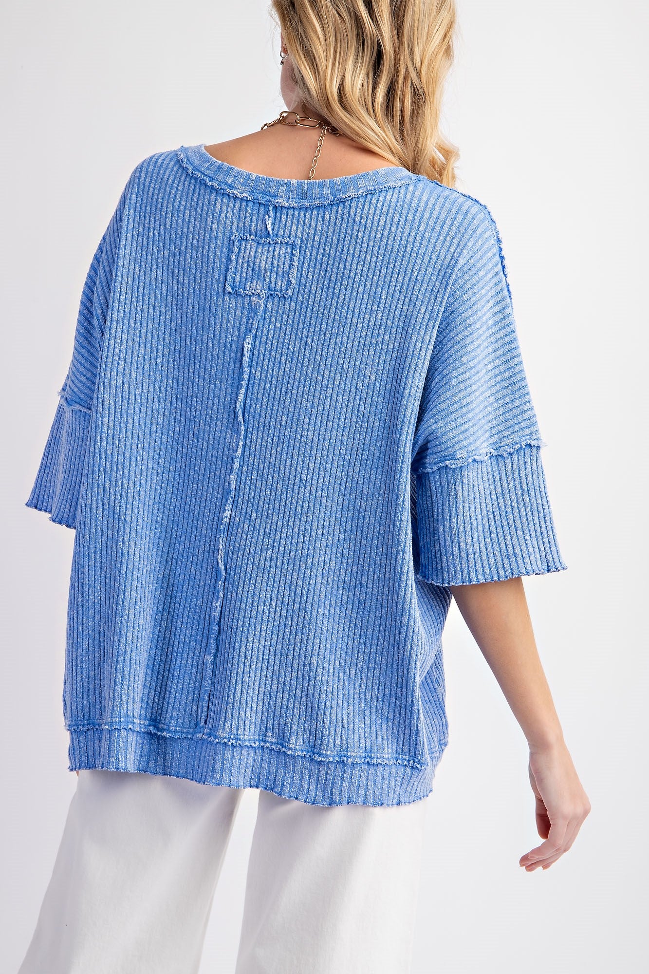 Short Sleeve Mineral Washed Thermal Knit Top -  Peri Blue