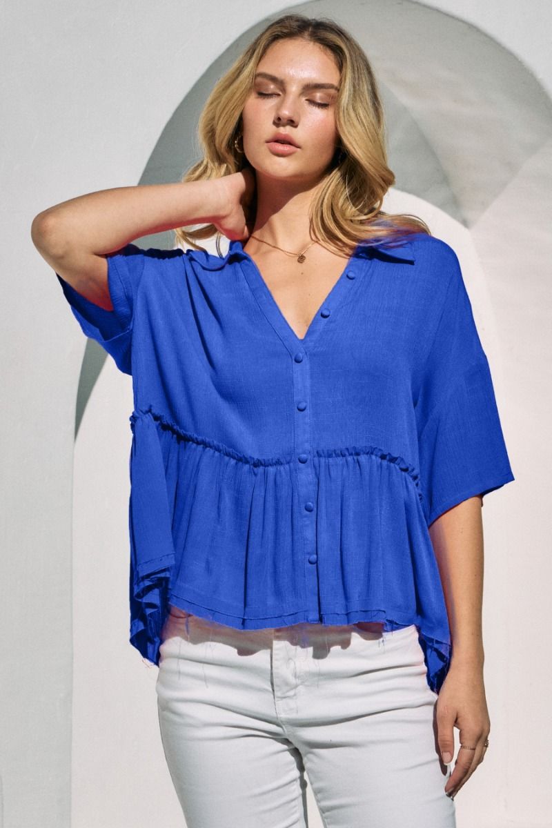 Short Sleeve Baby Doll Top Ruffle V Neck - Blue