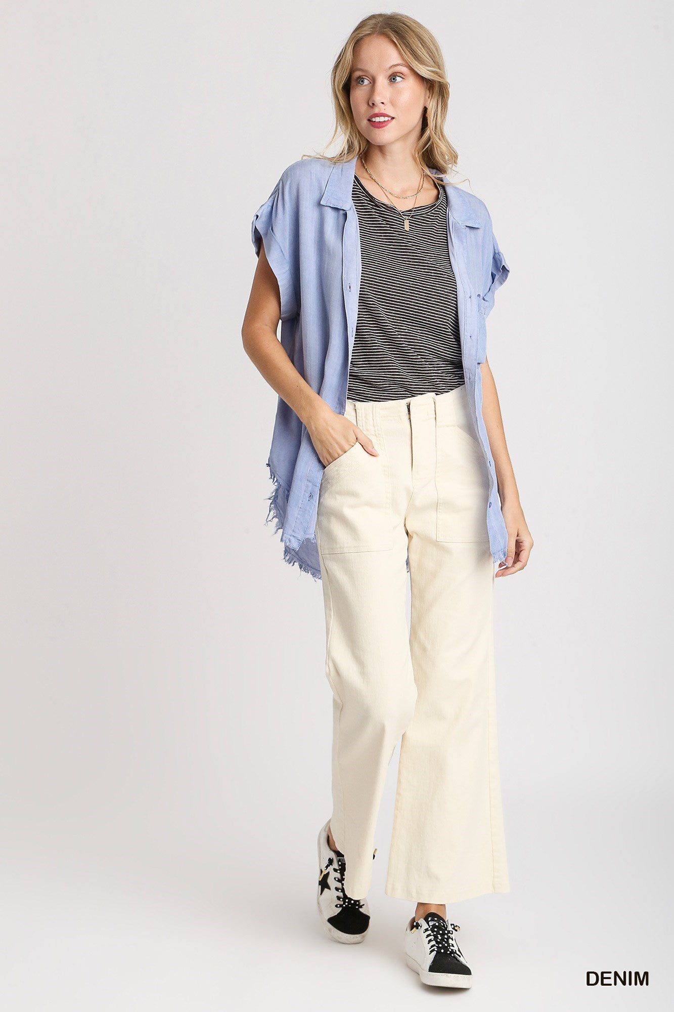 V-Neck Button Down Top with Frayed Hem - Denim