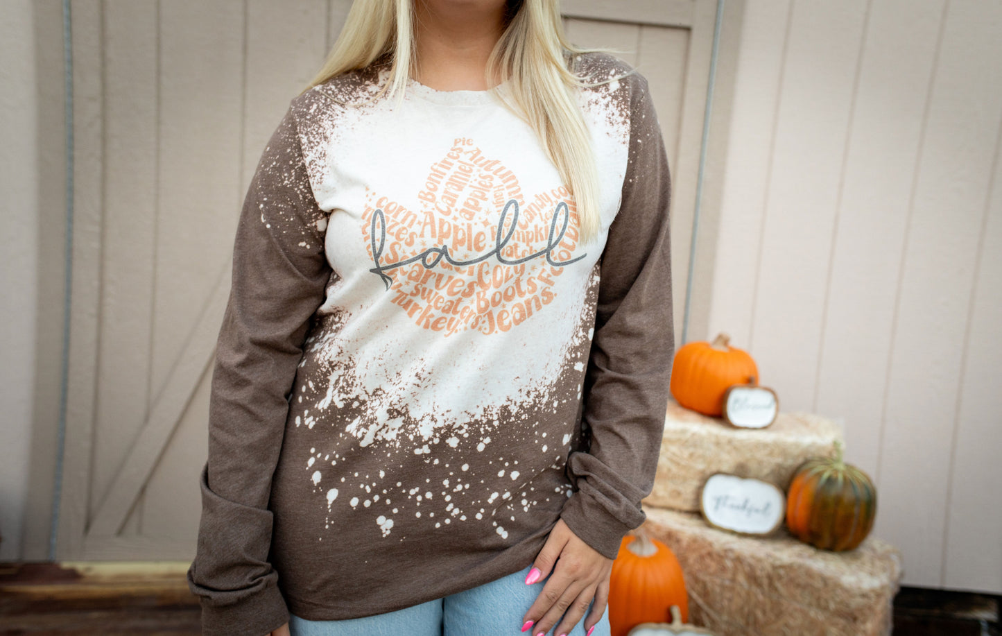 Fall Leaf Bleached Long Sleeve Graphic Tee