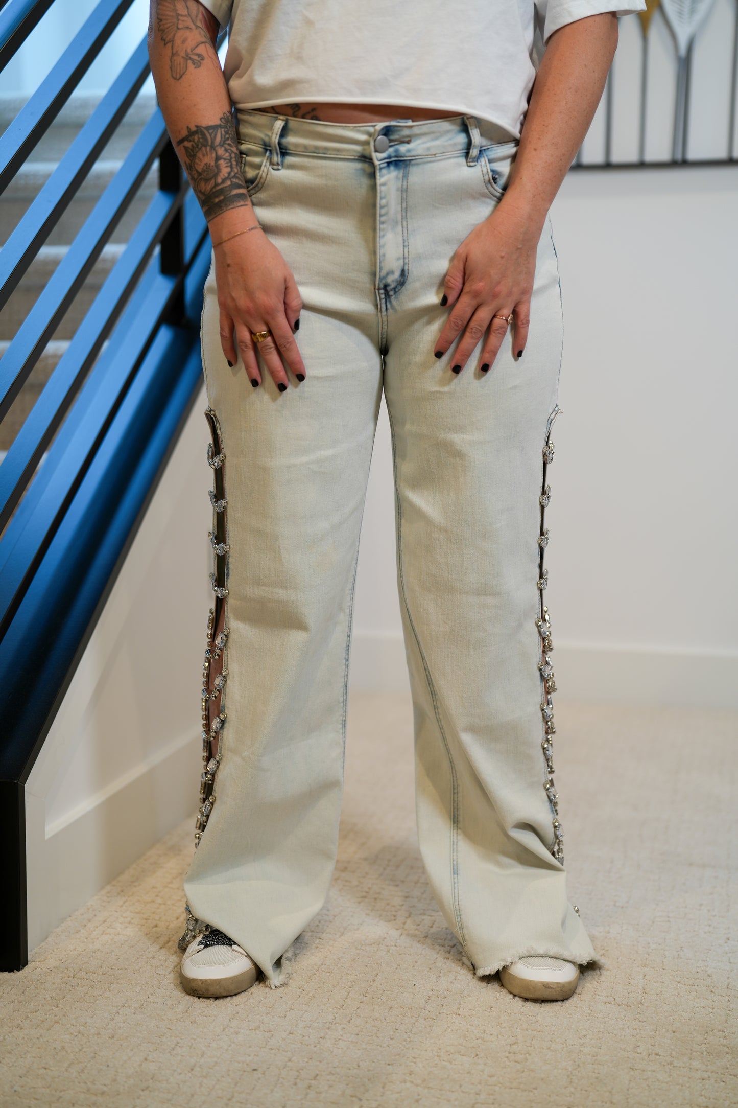 Denim Stretch Jeans Cut Out Sides With Jewels