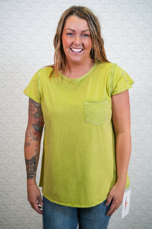 Mineral Washed Cotton Jersey Cap Sleeve Top in Green Tea - Buttercup Lynne Boutique