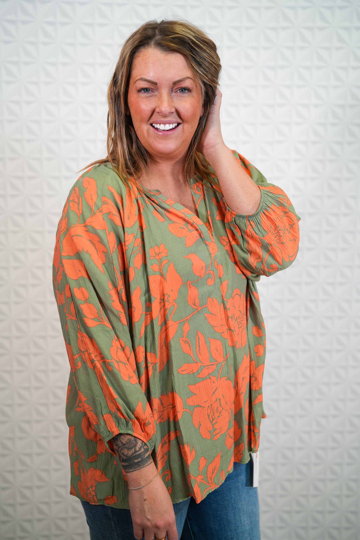 Printed Peach Blossom Woven V Neck Top - Dolman Sleeves Color - Sage - Buttercup Lynne Boutique