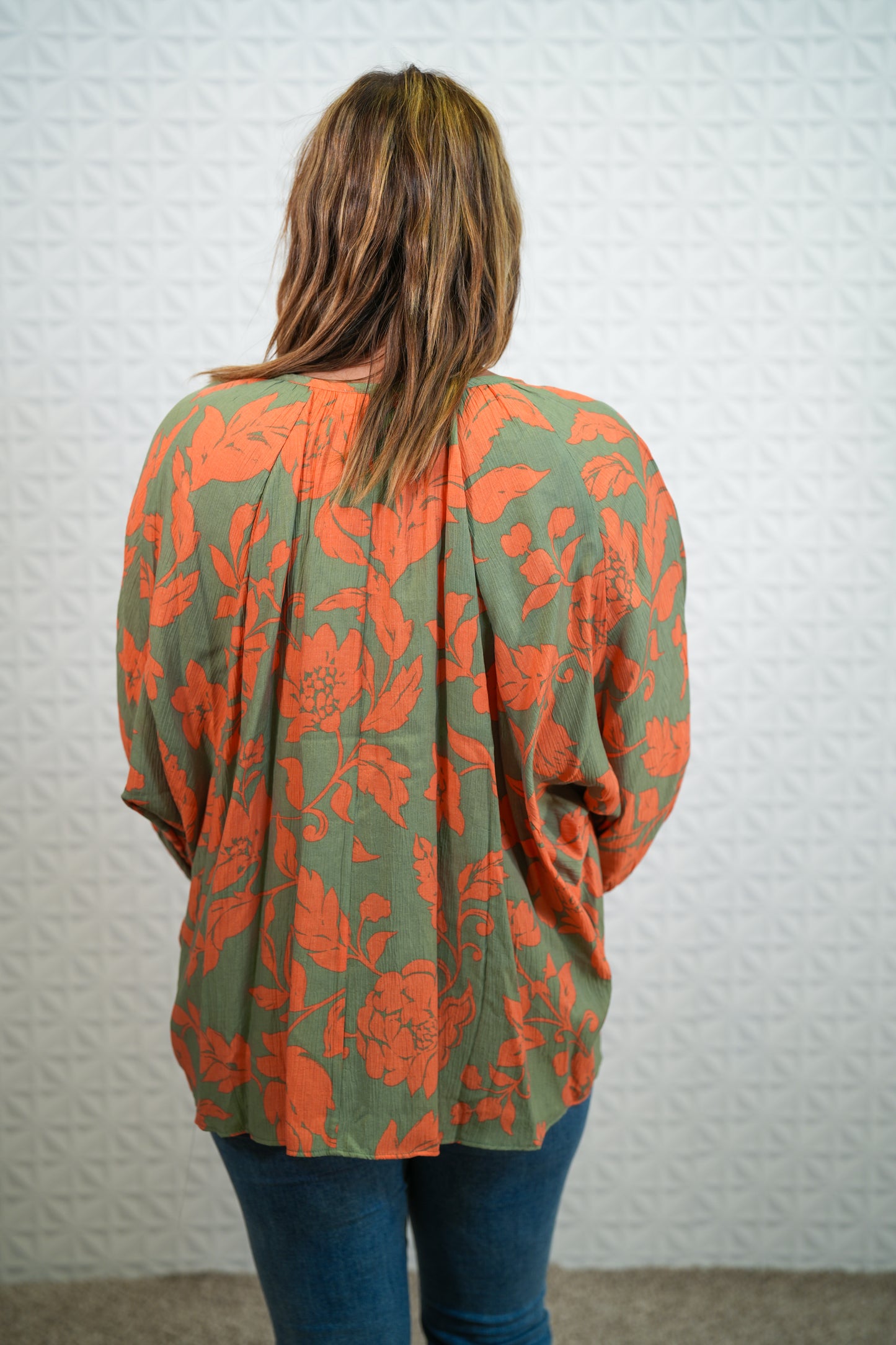 Printed Peach Blossom Woven V Neck Top - Dolman Sleeves  Color - Sage