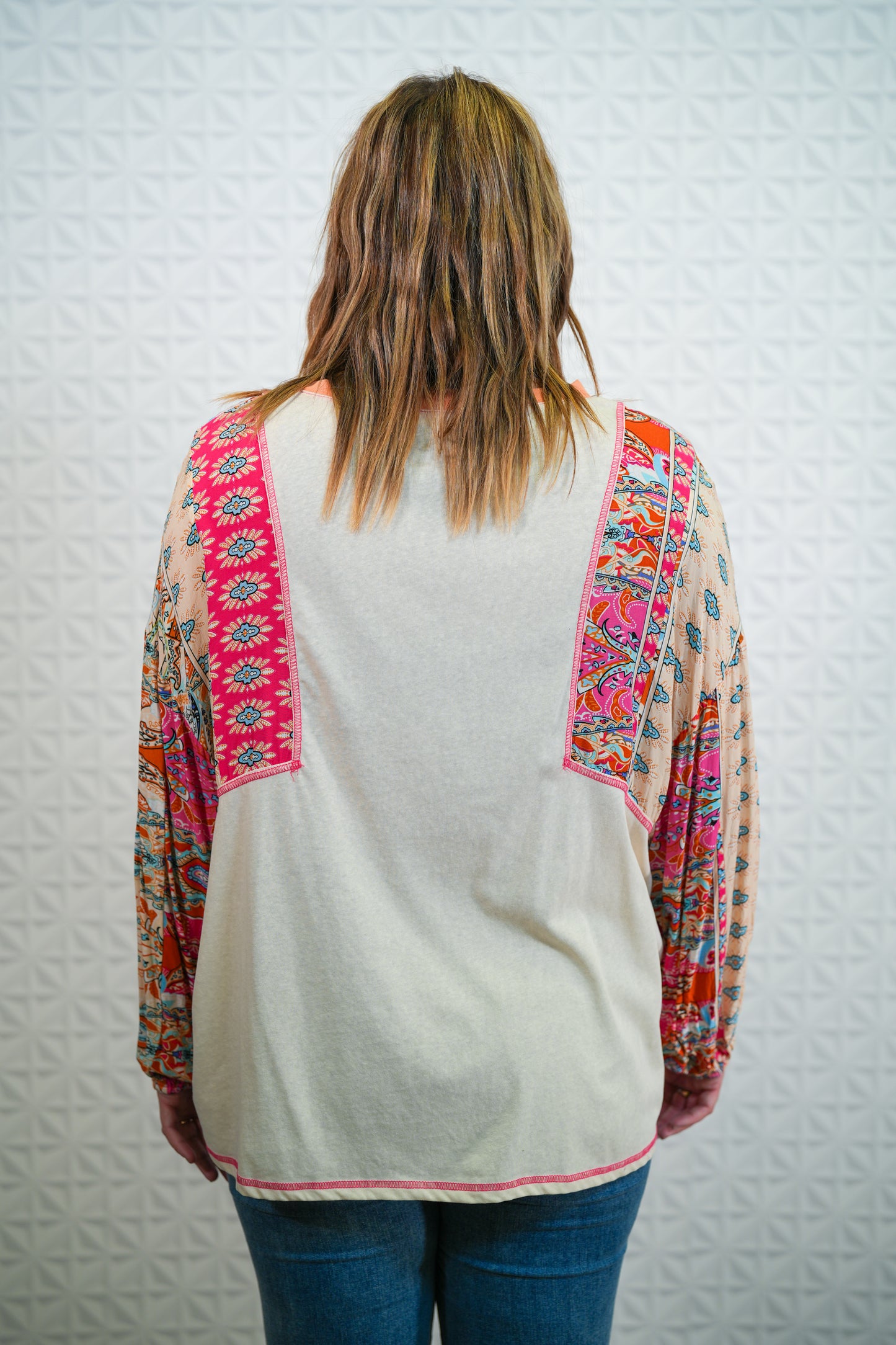 Beige Pink Print Mixed with Cotton Slub Knit Top - Plus - Buttercup Lynne Boutique