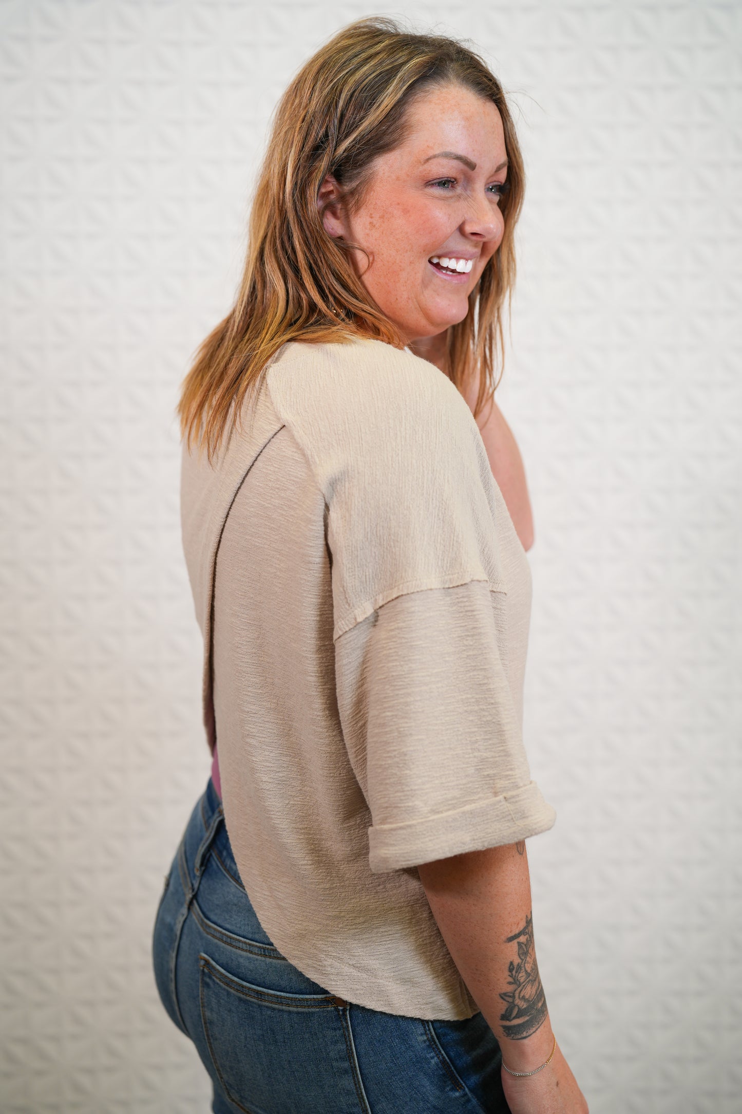 3/4 Sleeve Khaki Knit Crop Top - Back Wrap Detail - Buttercup Lynne Boutique