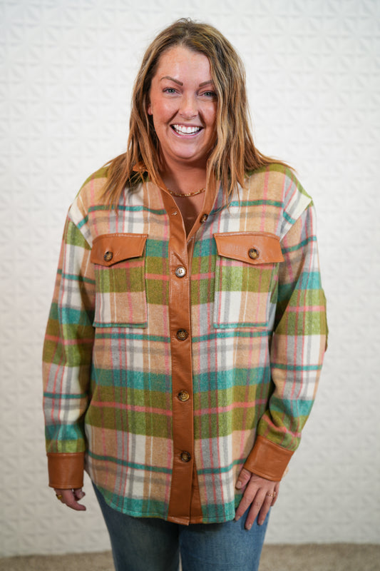 Plaid Button Down Shacket - Green - Brown