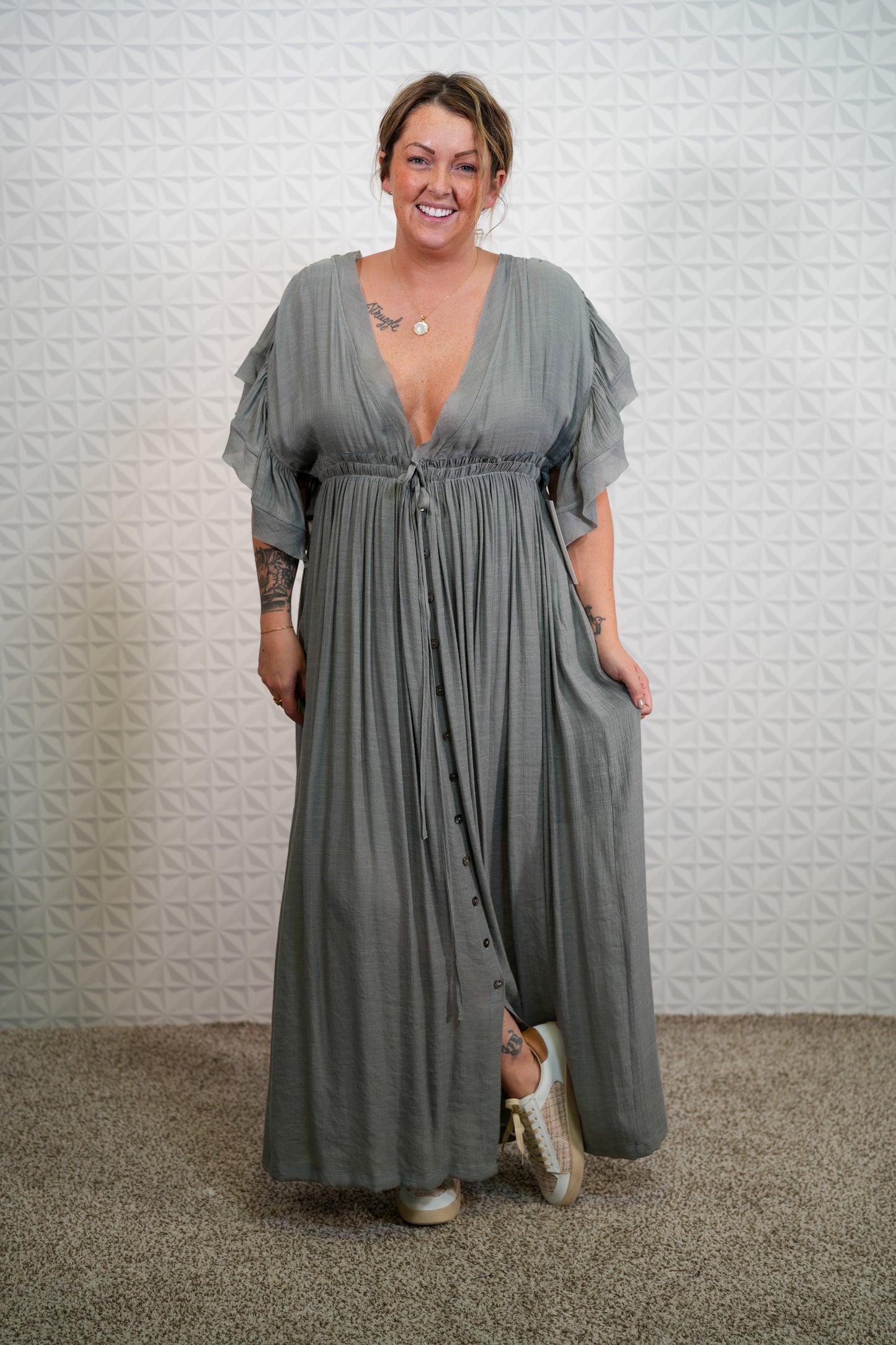 Button Down Ruffle Maxi Dress - Earl Grey - Buttercup Lynne Boutique