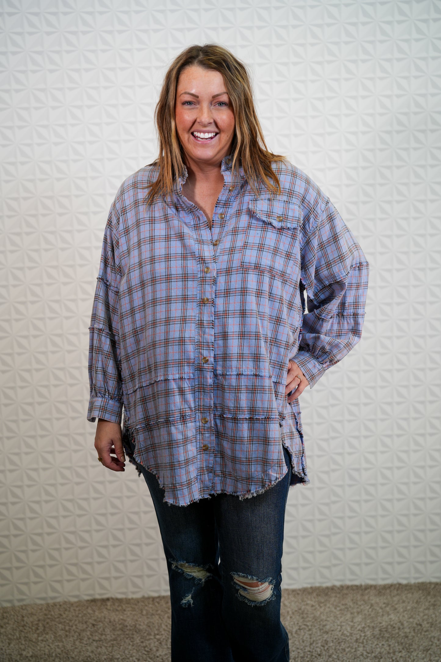 Looking at you Loose Fit Plaid Shirt - Oversized - Periwinkle