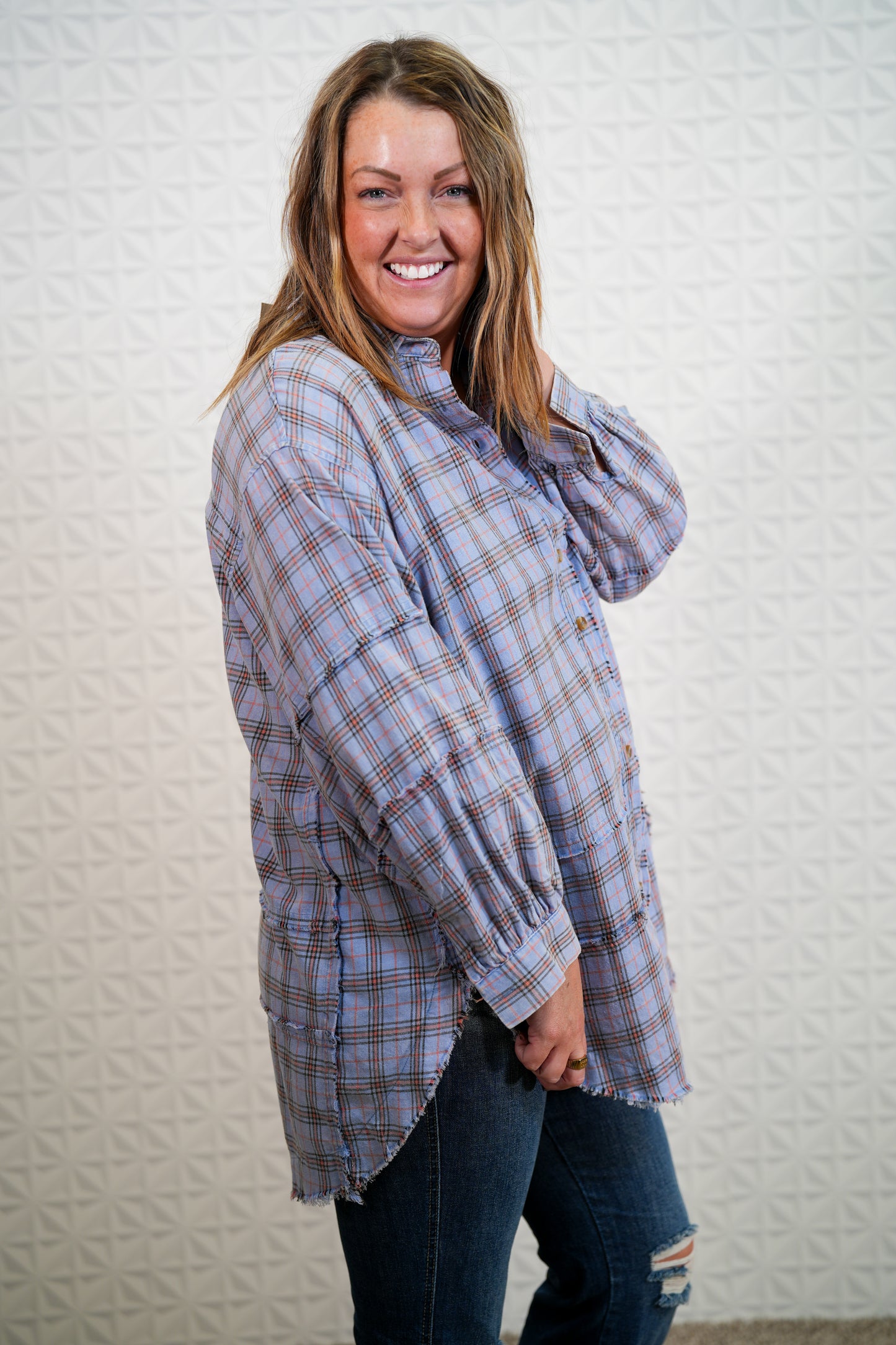 Looking at you Loose Fit Plaid Shirt - Oversized - Periwinkle