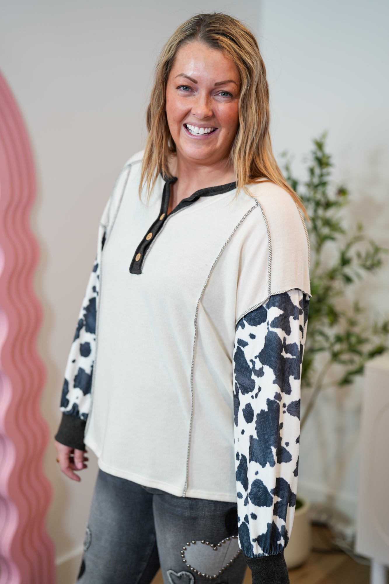 Time For Fun Cow Print Button Front Top