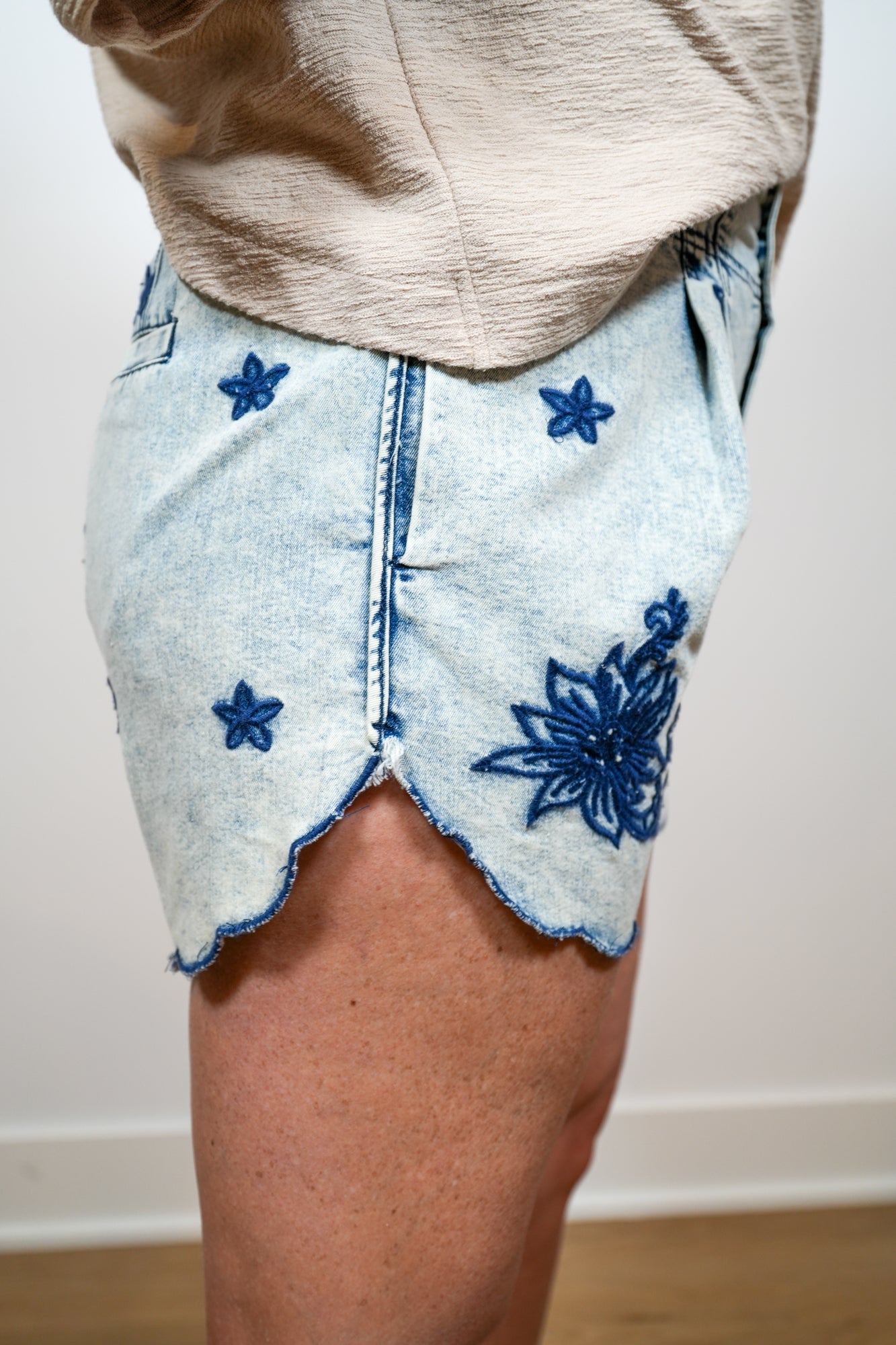 Flowers All Around Denim Embroidered Shorts - Buttercup Lynne Boutique