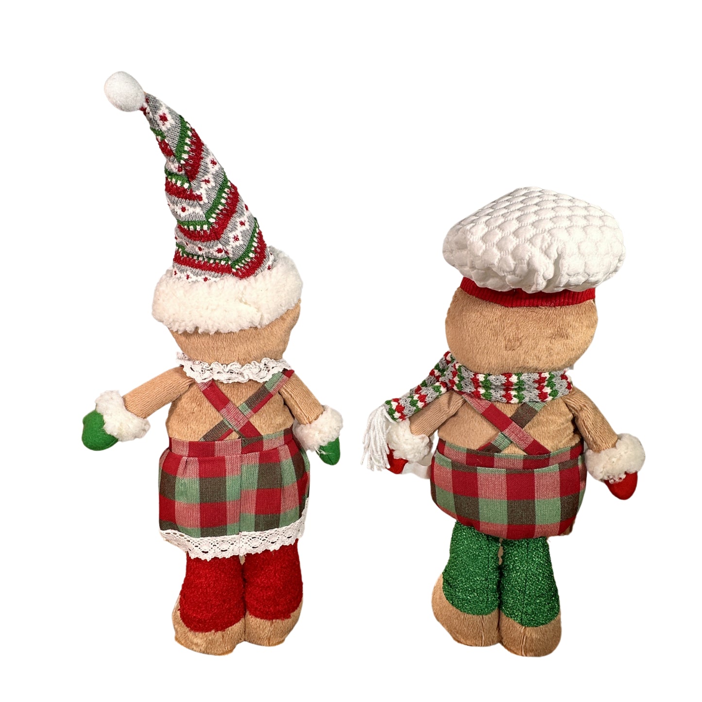 Gingerbread Boy and Girl Plush Set - 18" Baker Boy with Plaid Bottoms and Peppermint Buttons, 22" Girl in Plaid Dress with Adorable Pom Pom Beanie