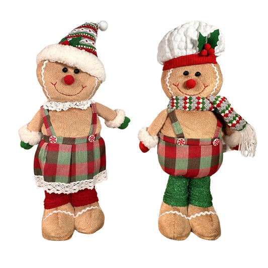 Gingerbread Boy and Girl Plush Set - 18" Baker Boy with Plaid Bottoms and Peppermint Buttons, 22" Girl in Plaid Dress with Adorable Pom Pom Beanie