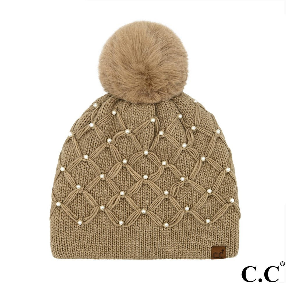 C.C - All Over Pearl Crochet Pom Beanie