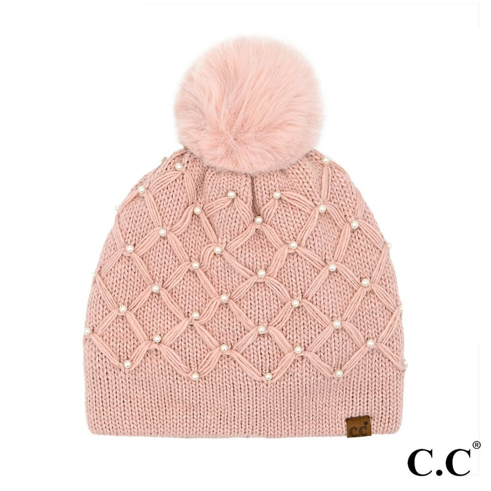 C.C - All Over Pearl Crochet Pom Beanie