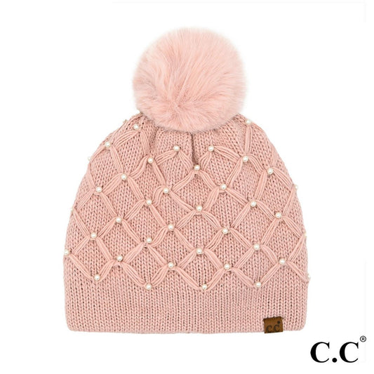 C.C - All Over Pearl Crochet Pom Beanie