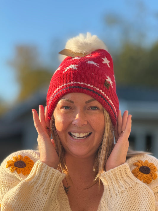 C.C - All Over Star And Stripe Cuff Pom Beanie