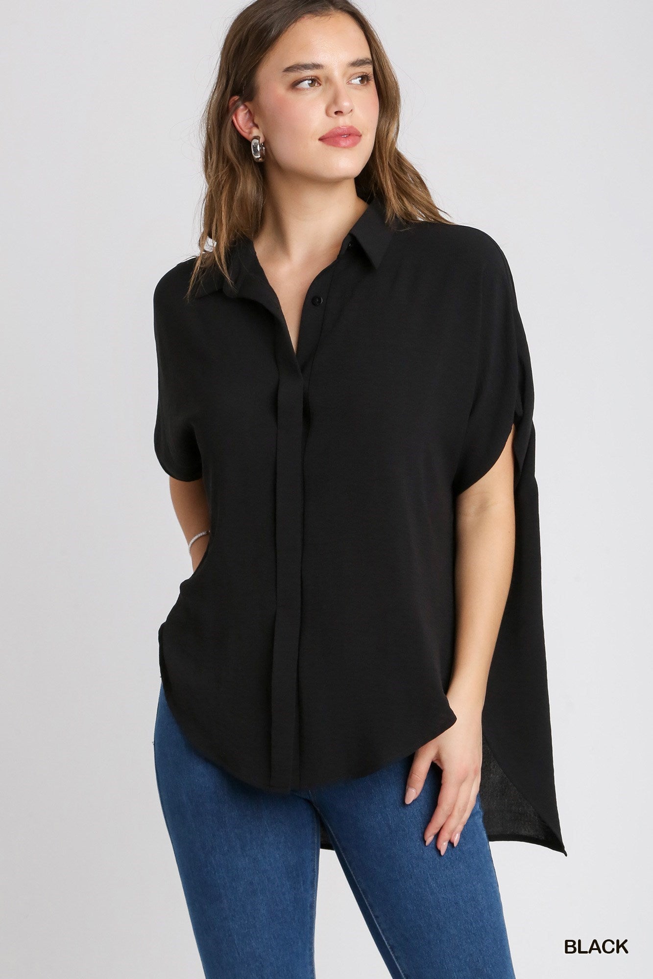 Oversized Hi-Low Button Down Top - Black