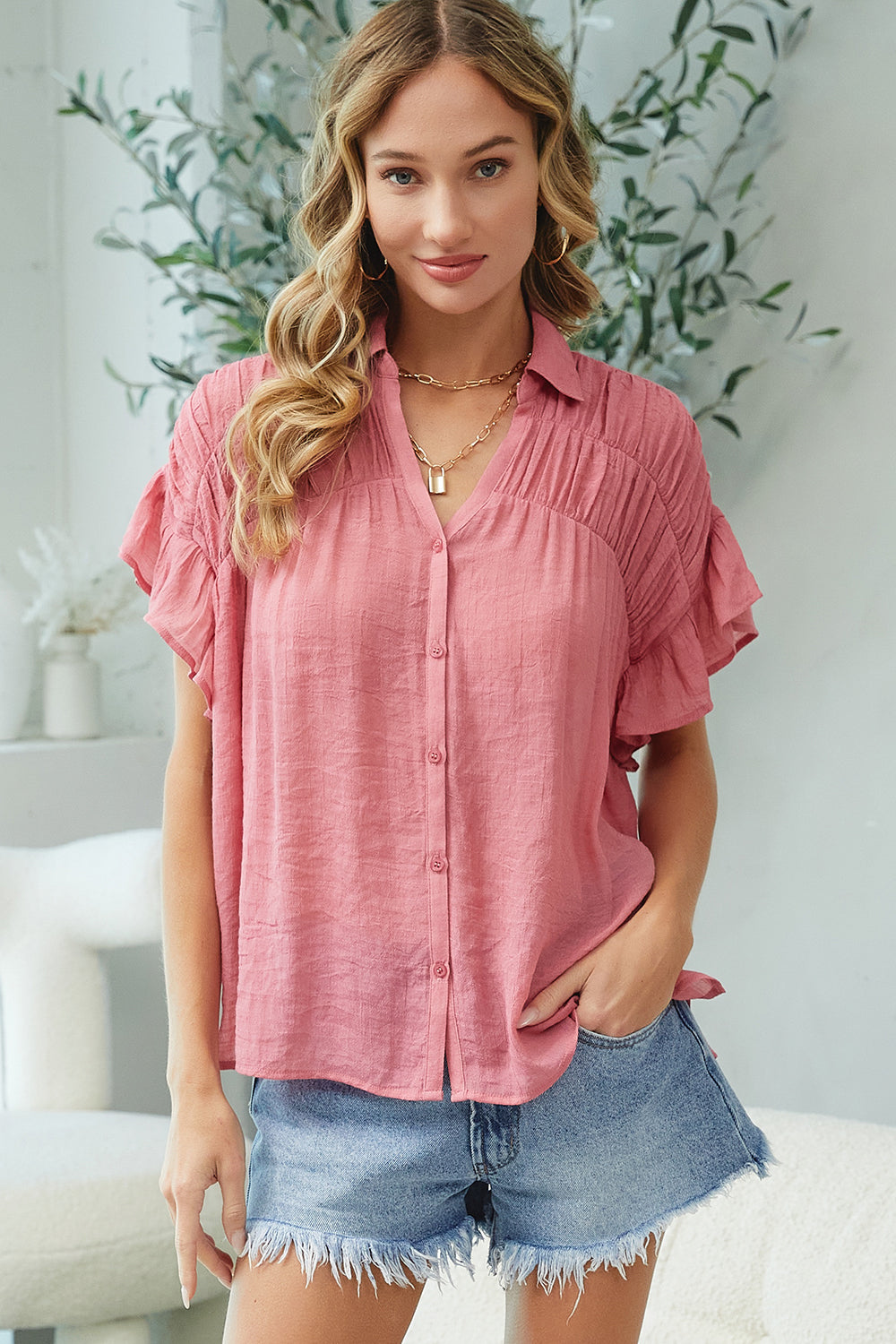 Short Ruffle Sleeve Shirt - Rose