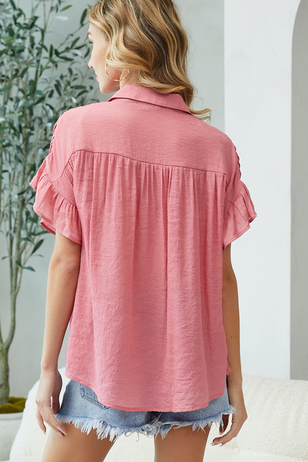 Short Ruffle Sleeve Shirt - Rose