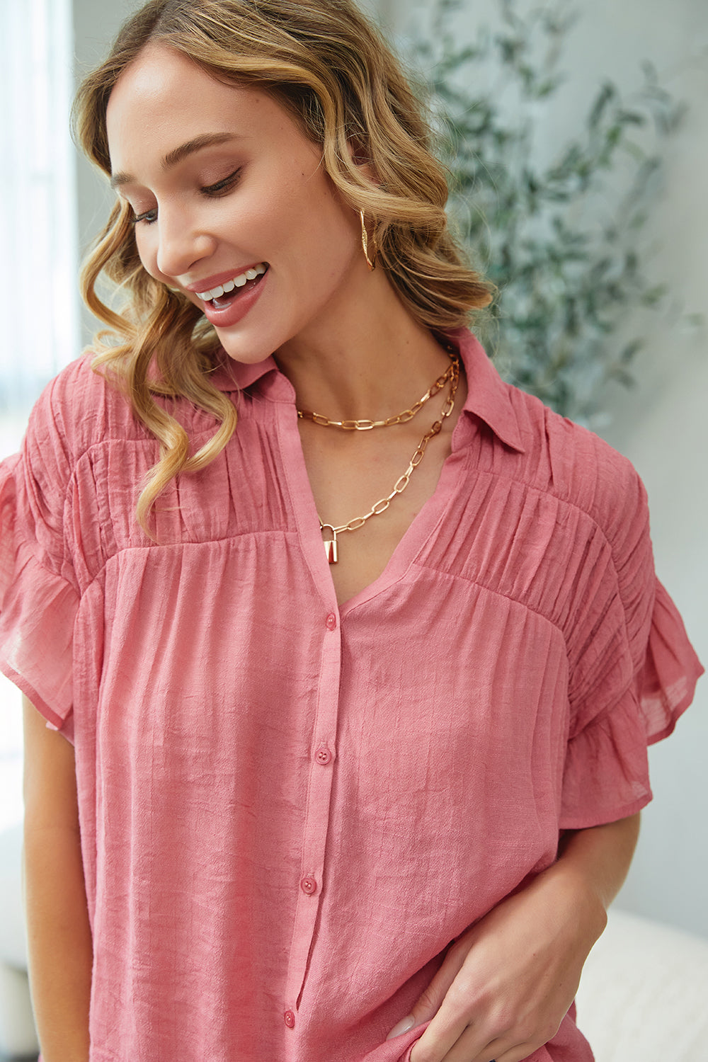 Short Ruffle Sleeve Shirt - Rose