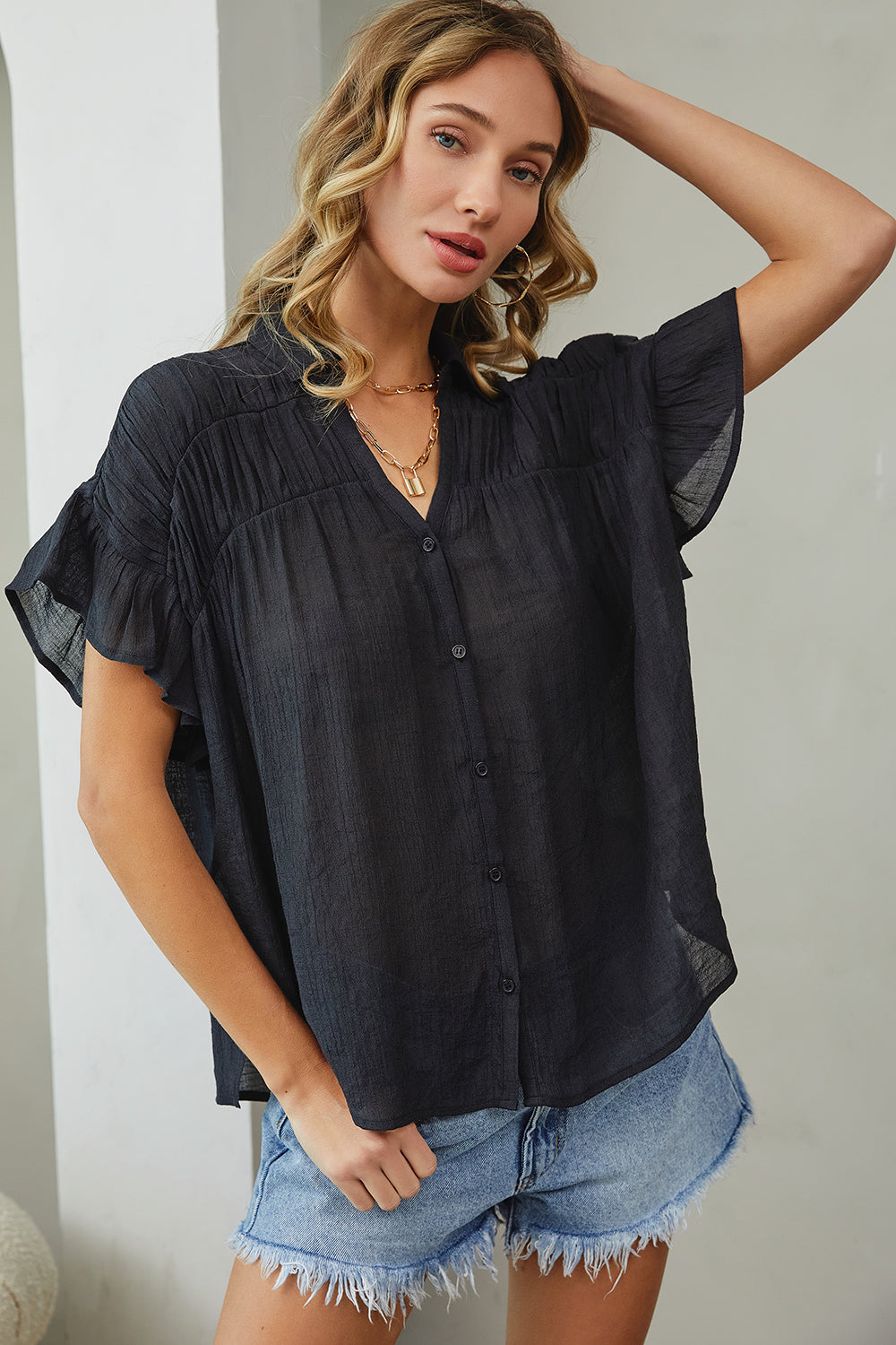 Short Ruffle Sleeve Shirt - Black