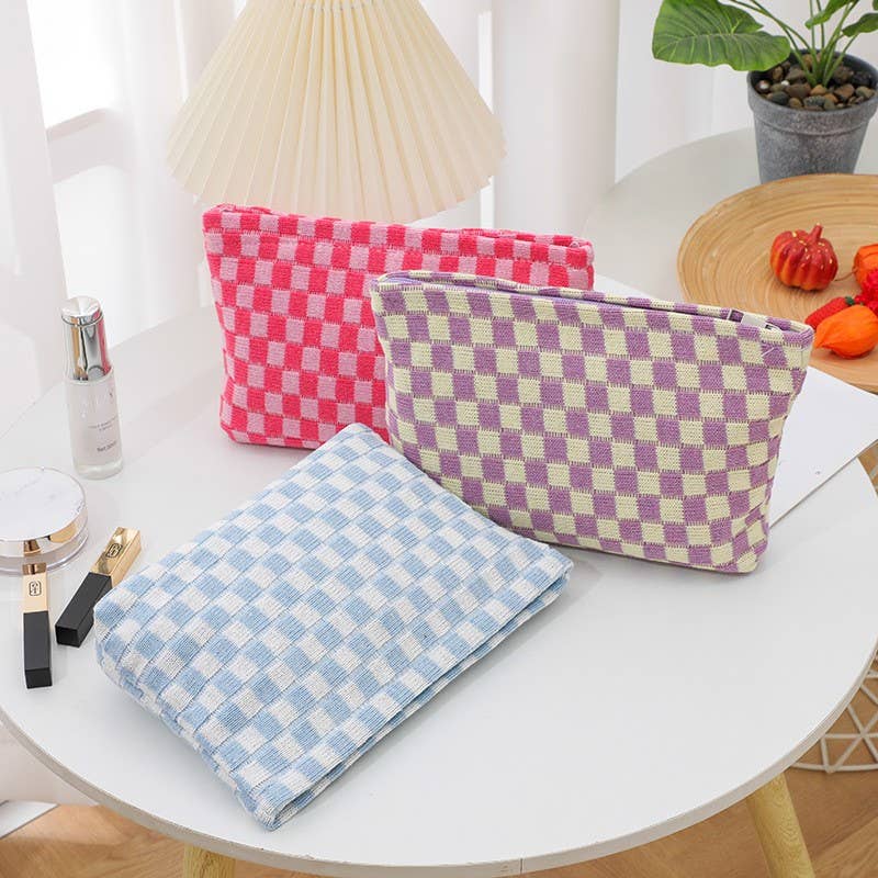 Checkered Cosmetic Makeup Pouch Clutch Bag