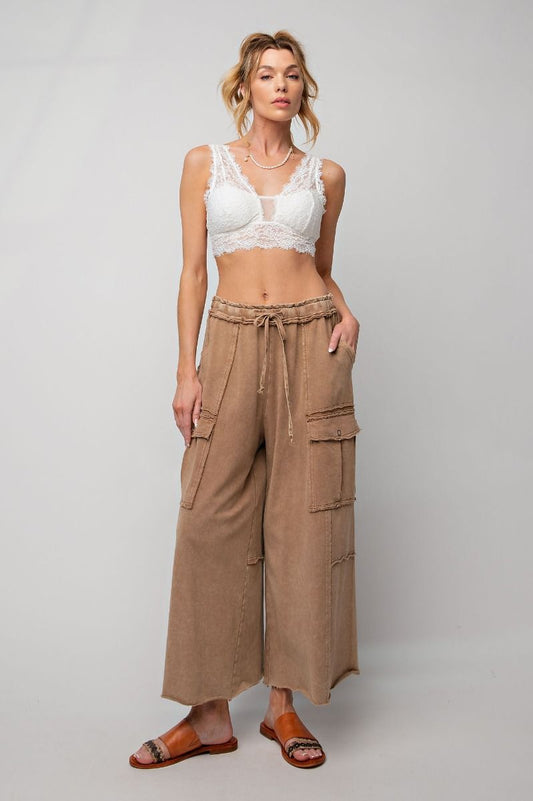 Mineral Washed Cargo Pants - Wide Leg Silhouette - Latte