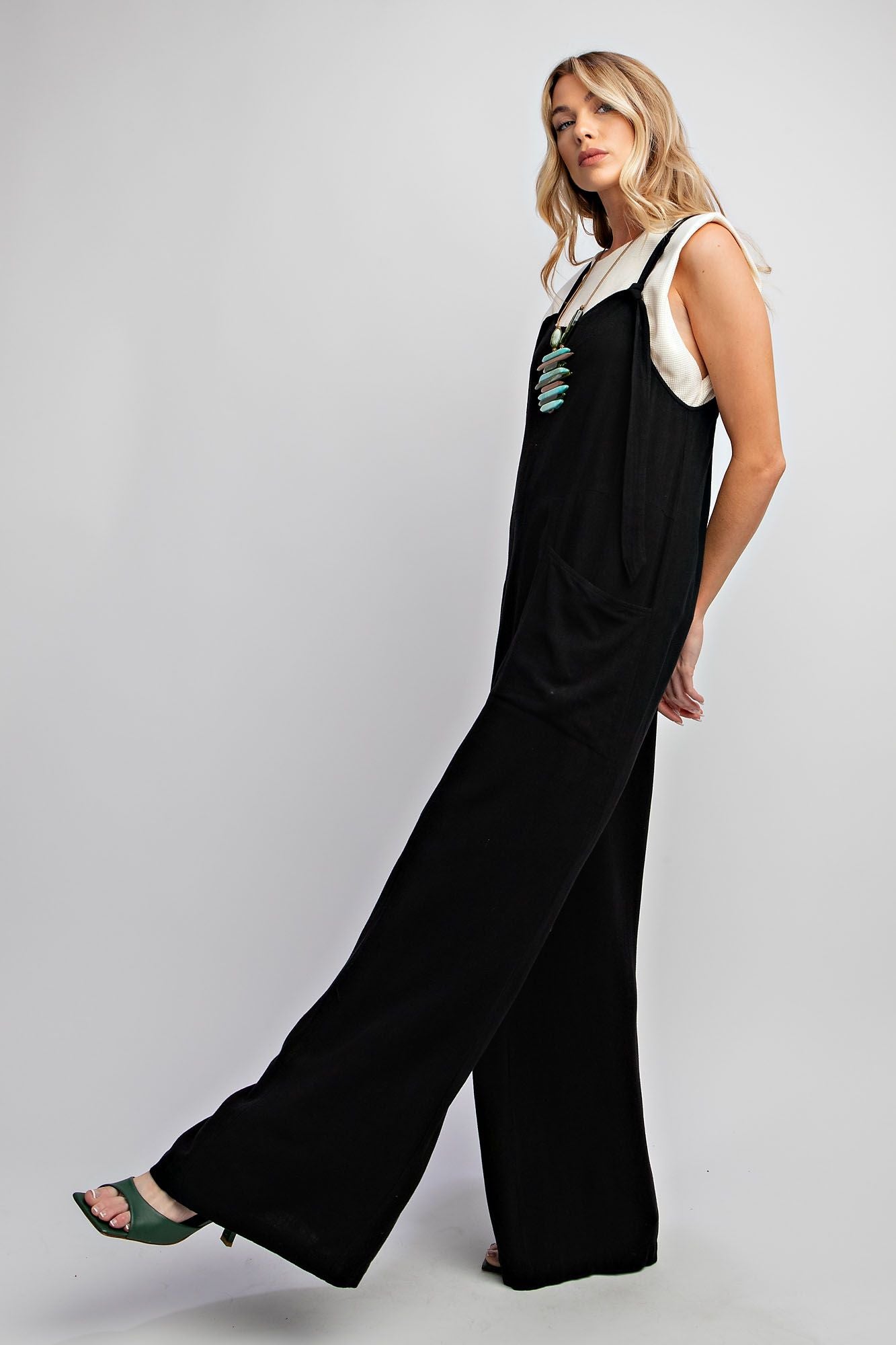 Poly Linen Wide Leg Jumpsuit Pants - Plus