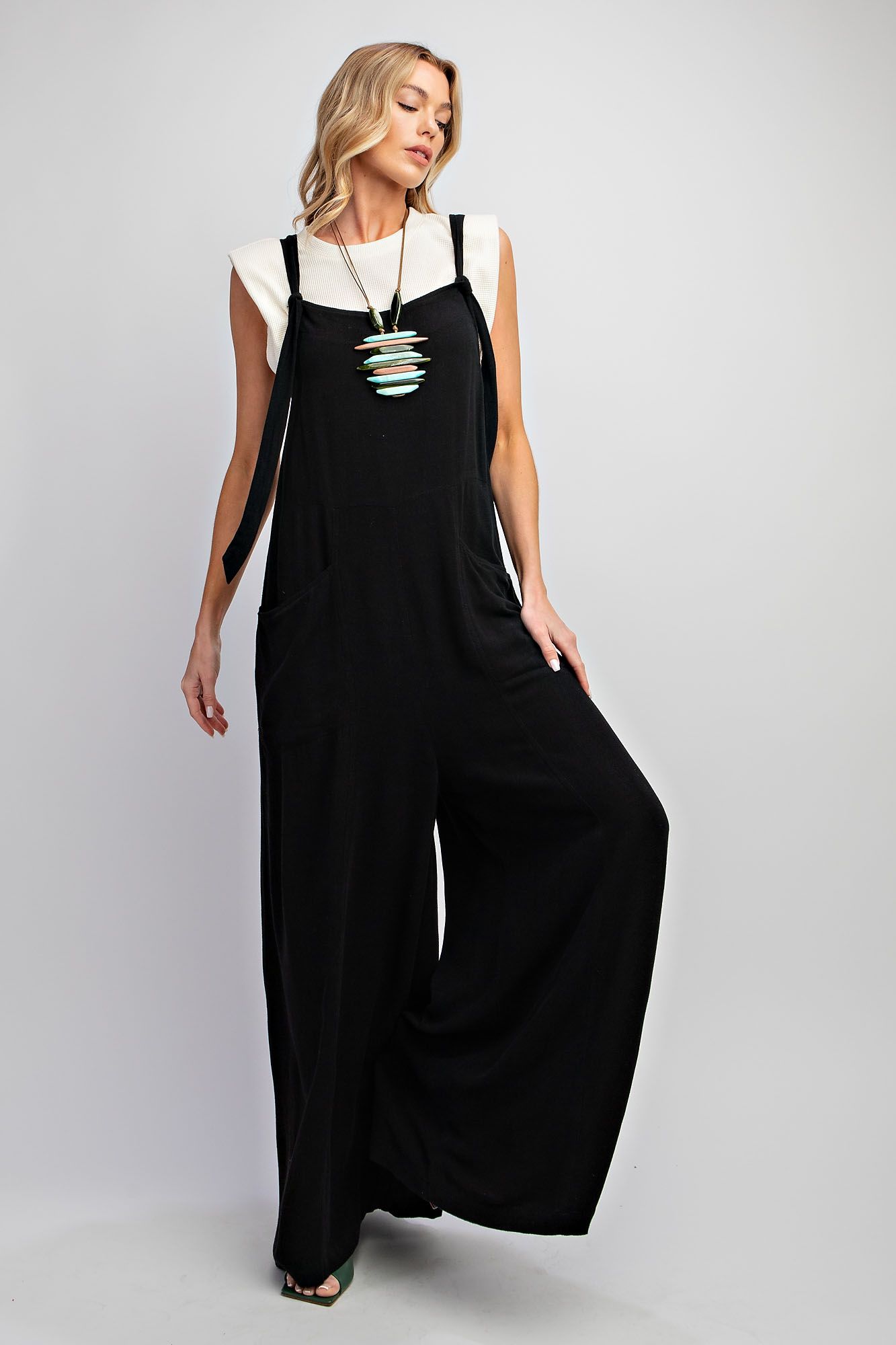 Poly Linen Wide Leg Jumpsuit Pants - Plus