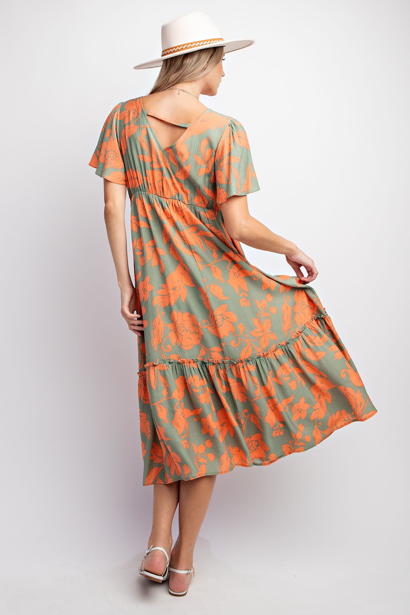 Voile Maxi Dress - Short Sleeve - Sage and Orange Floral