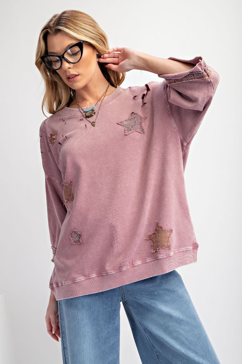 Star Patch Work Distressed Top - Faded Plum