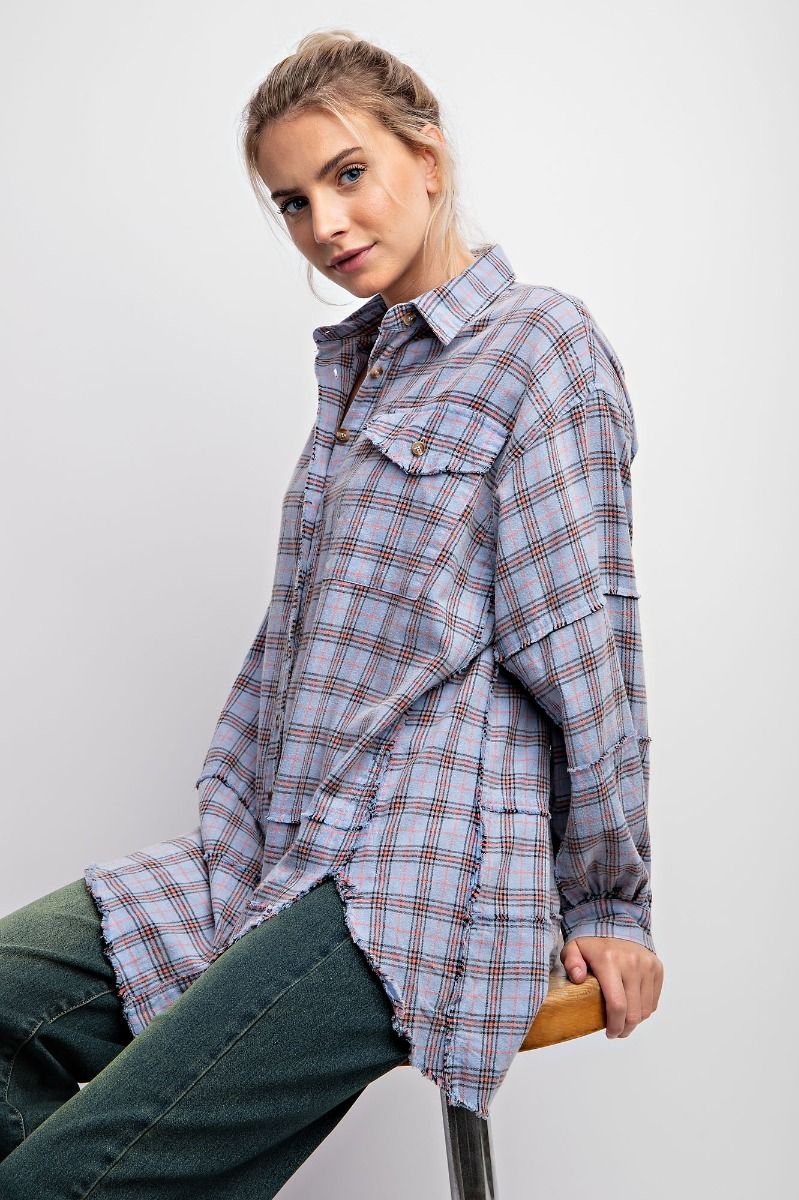 Looking at you Loose Fit Plaid Shirt - Oversized - Periwinkle