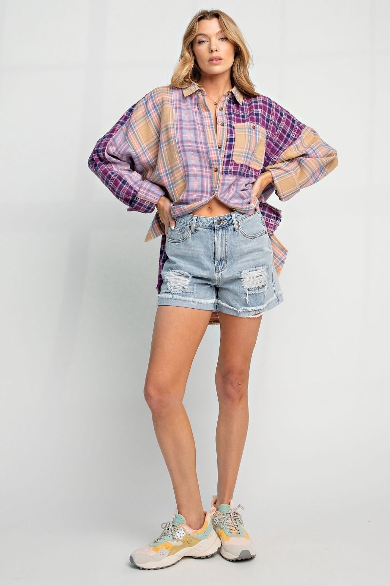 Plaid Mix N Match Button Down Shirt - Lilac Purple