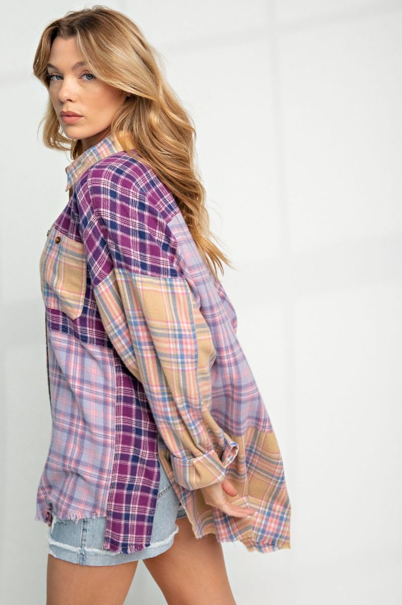 Plaid Mix N Match Button Down Shirt - Lilac Purple