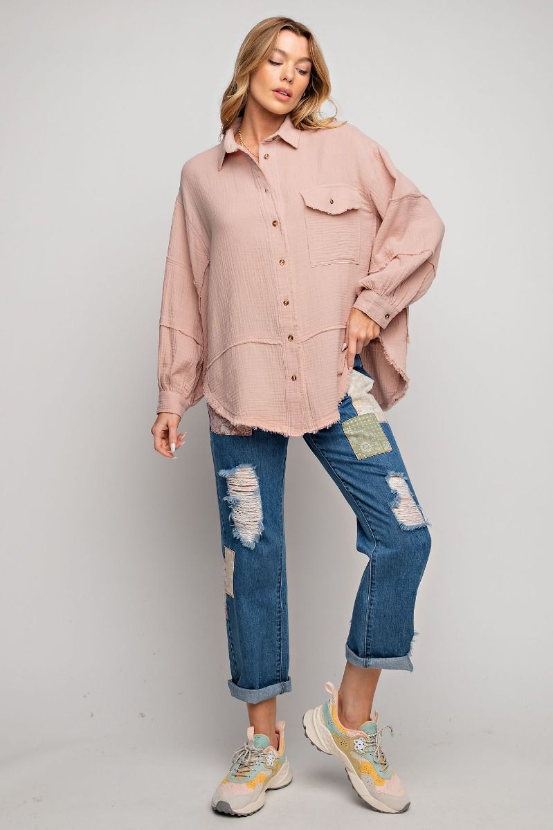 Cotton Gauze Button Down Loose Fit Shirt - PLUS Size