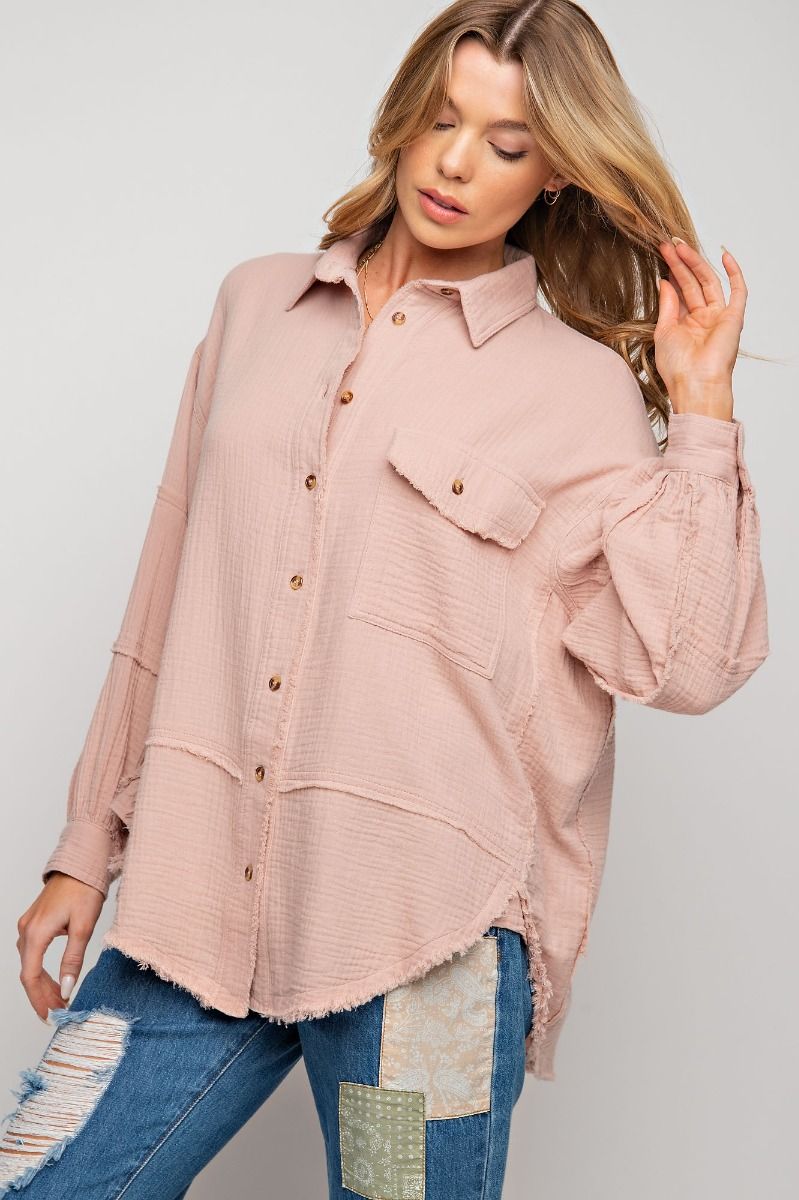 Cotton Gauze Button Down Loose Fit Shirt - PLUS Size