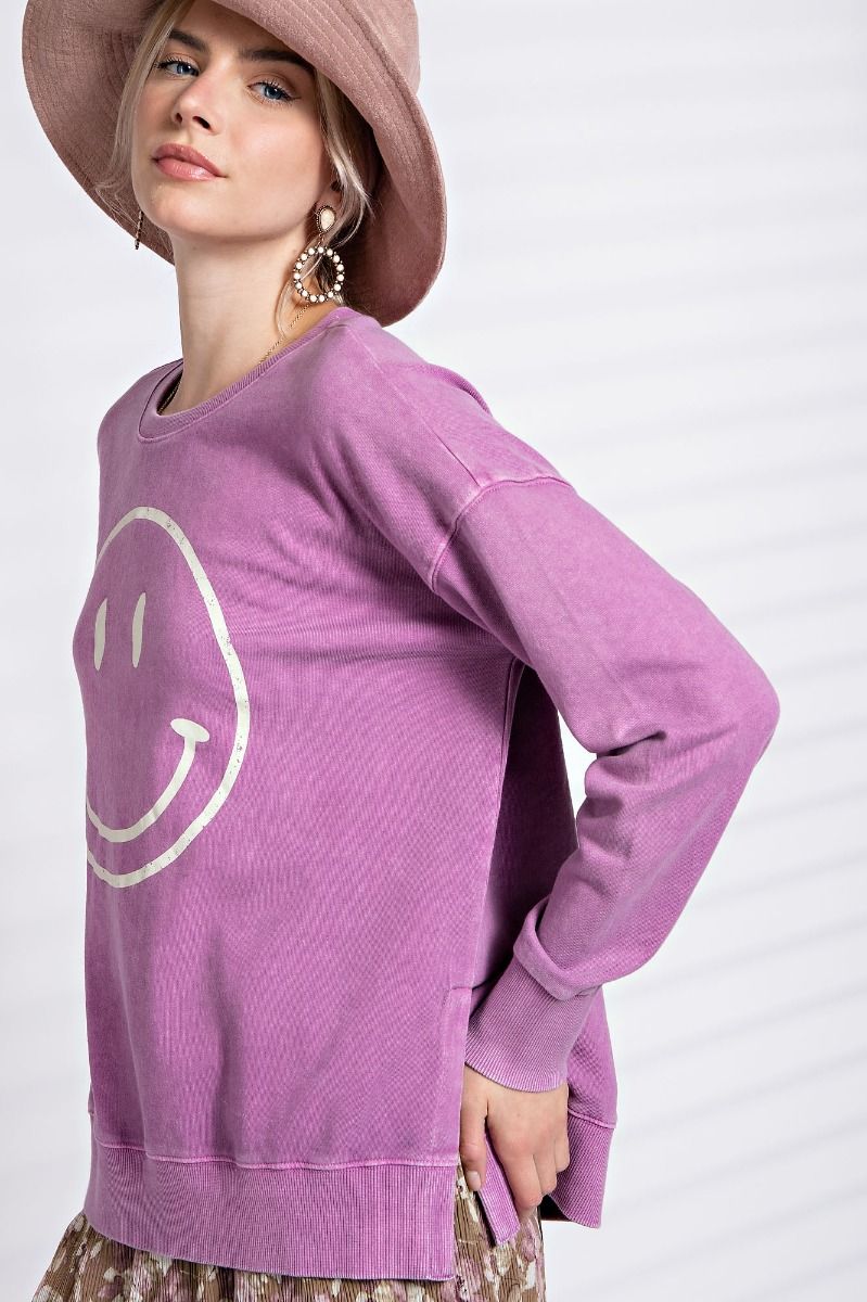 Mineral Washed Smiley Pullover - Plus Size - Magenta