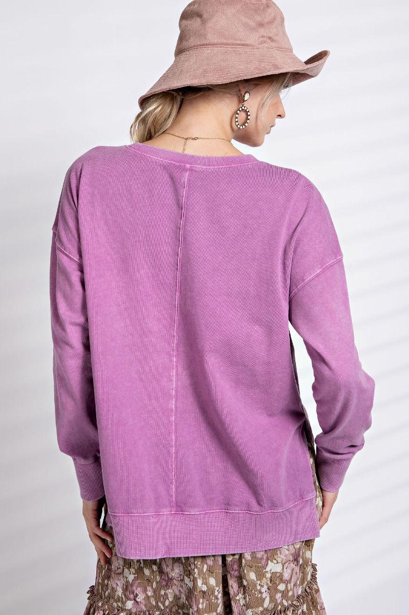 Mineral Washed Smiley Pullover - Plus Size - Magenta