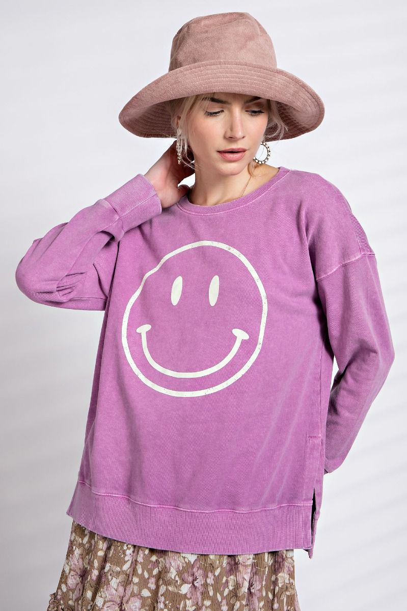 Mineral Washed Smiley Pullover - Plus Size - Magenta