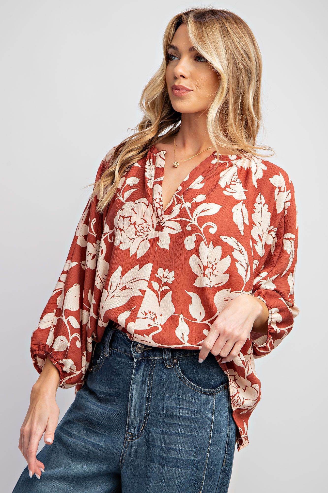 Printed Peach Blossom Woven V Neck Top - Dolman Sleeves Color - Coffee